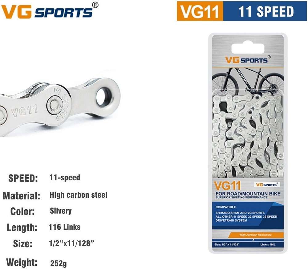Цепь 11ск VG-Sports, 116зв, 1/2''x 11/128'', пин, Chrome-Plated