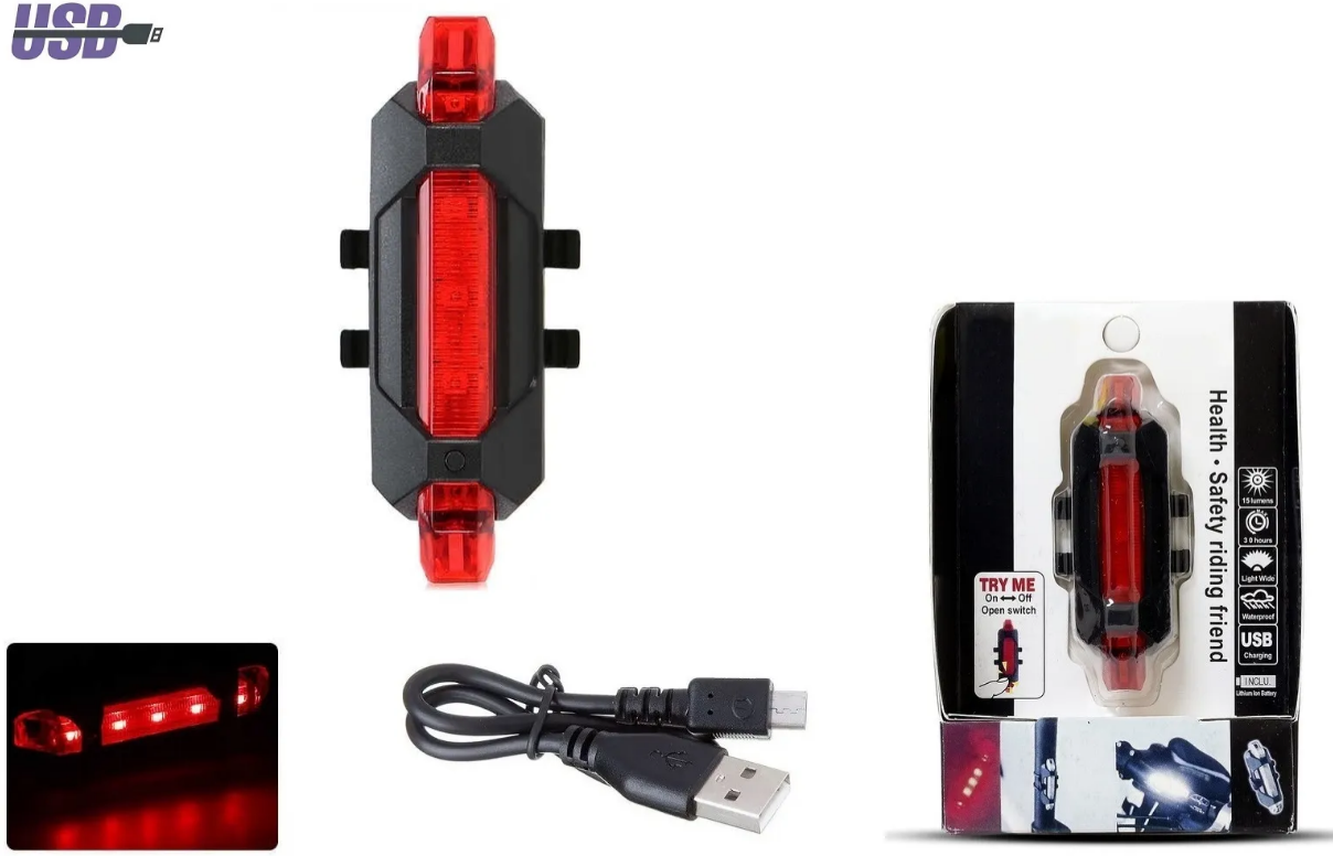 Фонарь задний RAPIDO аккумуляторный, 200 mAh, USB кабель, LED 50 Lumens, 2 режима работы, влагозащ.